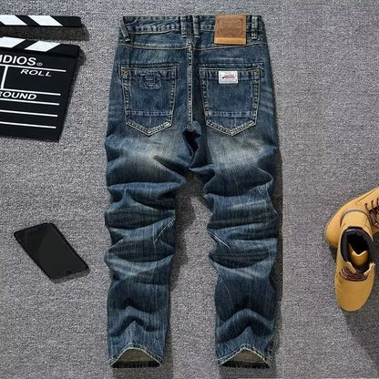 Spring Autumn Trendy Vintage Washed Jeans Men's Loose Straight Leg Fashionable Youth Casual Cotton Denim Anti-Bacterial