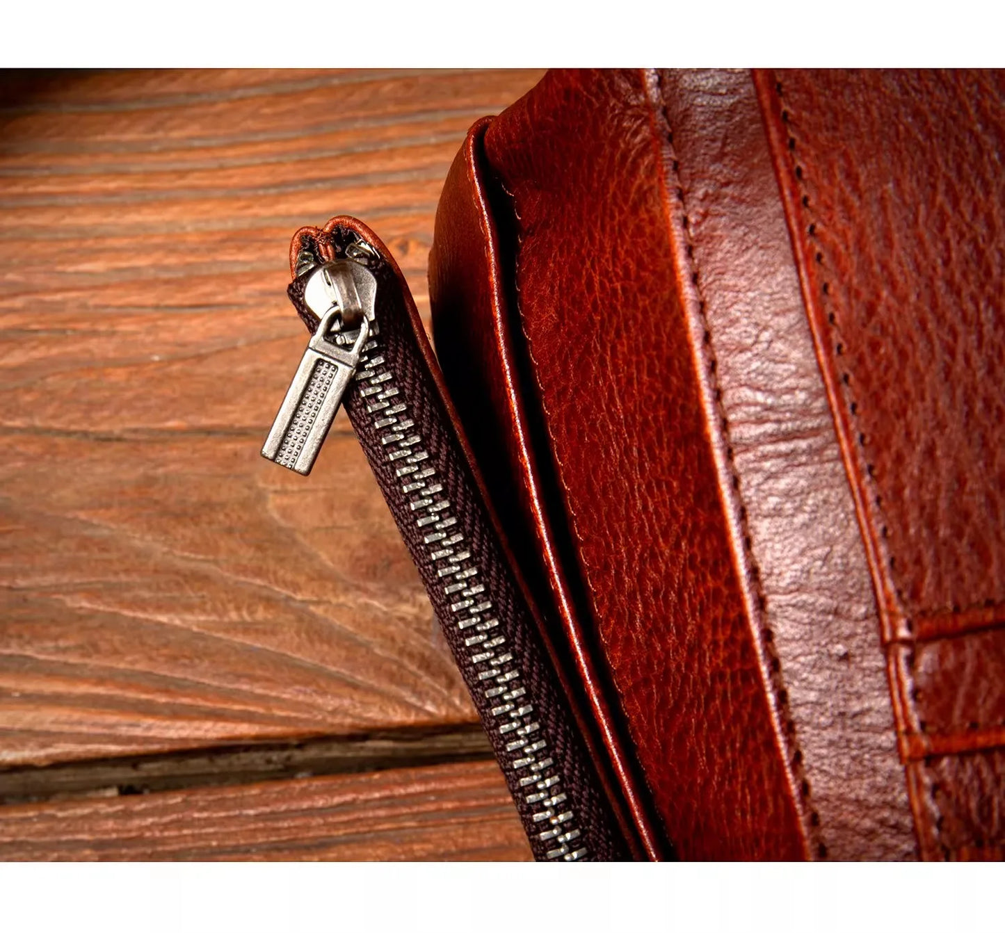 Men's Hand-Rubbed Genuine Leather Short Wallet Top-Grain Vegetable-Tanned Zipper Wallet with Driver's License Card Holder