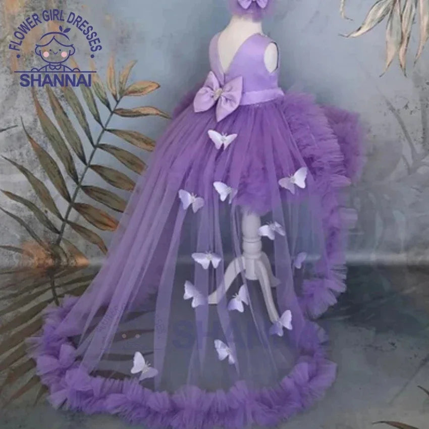 Customized Flower Girl Dresses Puffy Girl Dress Pink Baby Dress With Train Bow Cute Kid's Child Birthday Dresses Frist Communion
