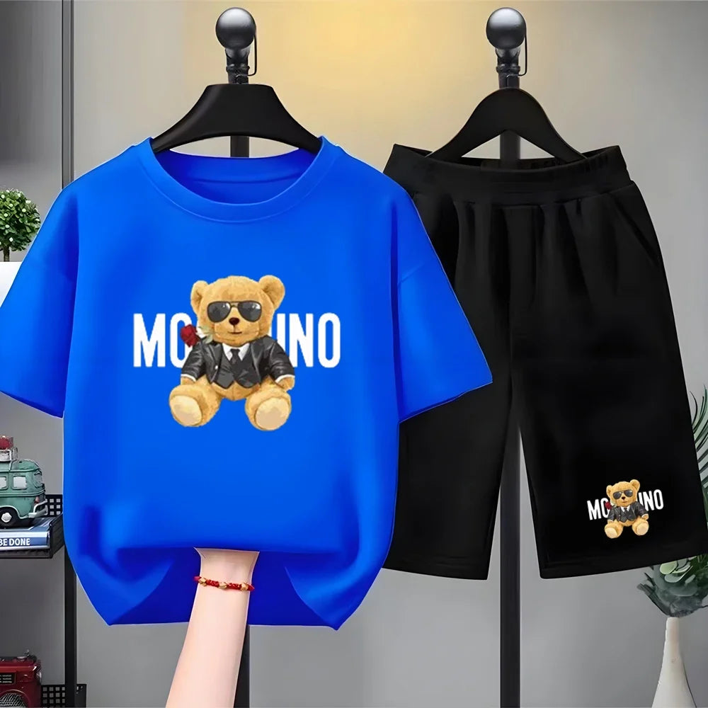 Fashion Letter Bear Print Children Summer Clothing Tshirt+Shorts Black Boy Girl Red Toddler 3-12Yrs Leisure Short-Sleeved Set