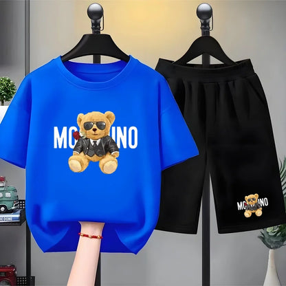 Fashion Letter Bear Print Children Summer Clothing Tshirt+Shorts Black Boy Girl Red Toddler 3-12Yrs Leisure Short-Sleeved Set