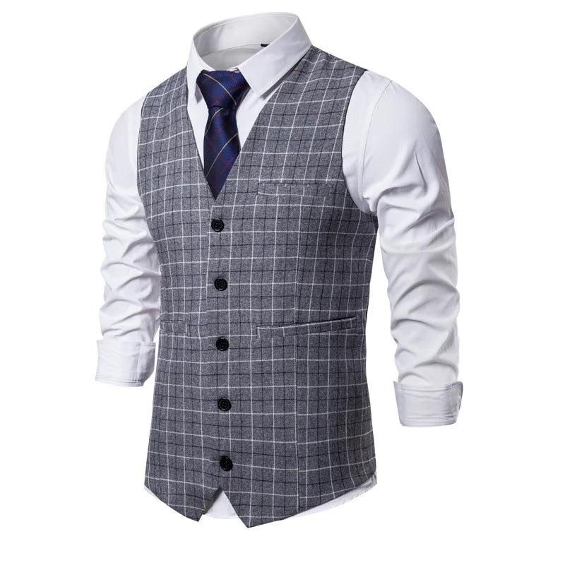 2026 Man Waistcoat Slim Plaid Business Casual Male Suit Vest V-neck Sleeveless Breathable Wedding Party Vest for Men