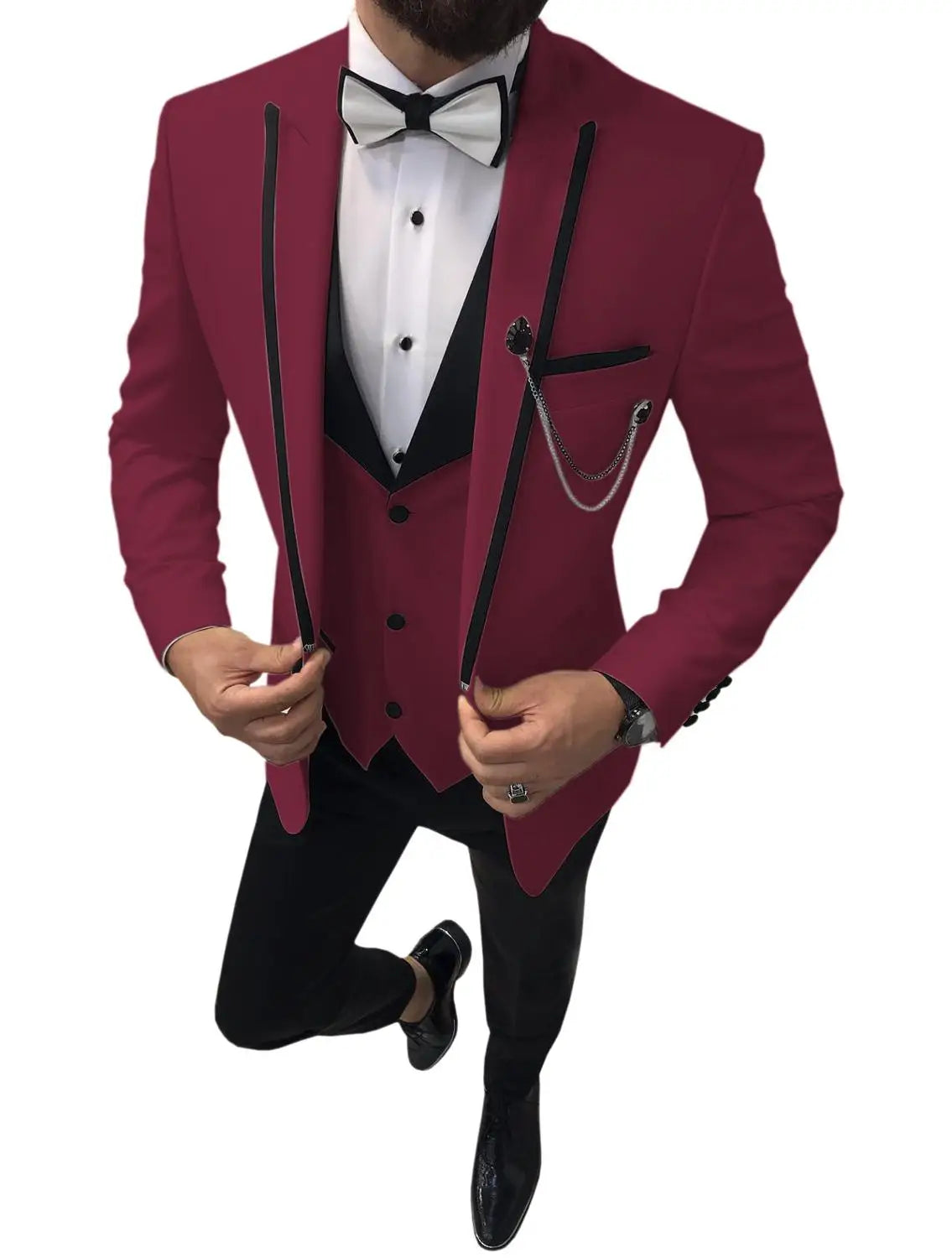 Men Suits Slim Fit One Button Casual Business Groomsmen Brown Peak Lapel Tuxedos For Formal Wedding (Blazer+Pants+Vest)