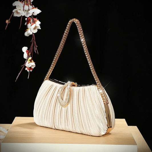 New European and American diamond-encrusted elegant pleated evening bag women's fashionable single-shoulder bag party chain h