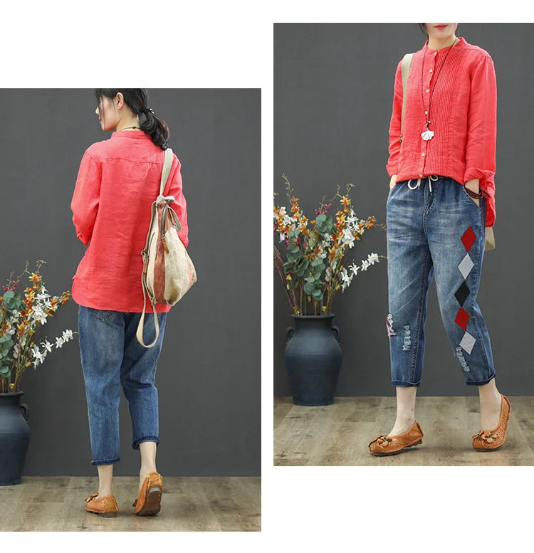 Summer Females Luxury Embroidery Jeans Womens Fashion Vintage Ripped Denim Trousers Loose Holes Elastic Harem Pants