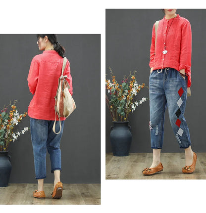 Summer Females Luxury Embroidery Jeans Womens Fashion Vintage Ripped Denim Trousers Loose Holes Elastic Harem Pants