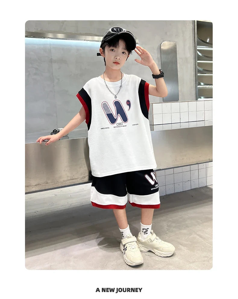 Children Summer Clothing Top and Bottom Set For Boys Cotton Clothes Suit Outfit Suit Kids Sleeveless T-shirt Shorts Tracksuit