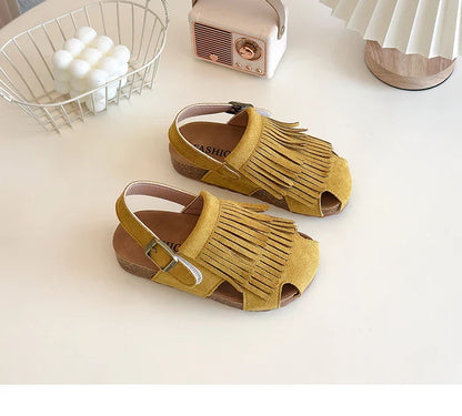2025 Summer New Girls' Sandals Korean Style Tassel Princess Shoes Frosted Leather Hollow Sandals Comfortable 23-31