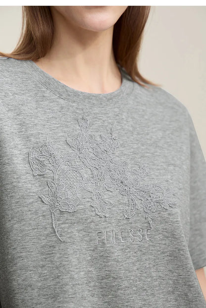 Women's T-Shirt 2026 Summer New Round Neck Drop Shoulder Cotton Tee Lace Embroidered Woman Loose Fit knit Tops 12622048