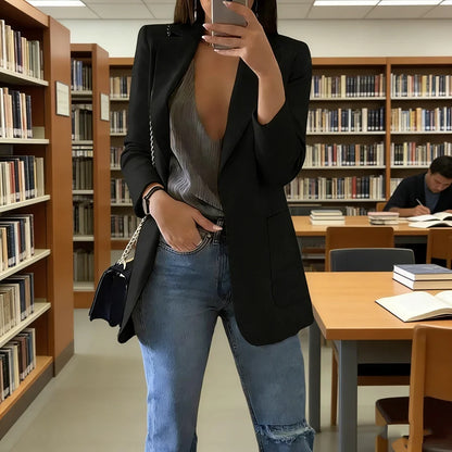 2026 Elegant jacket Women's Suit Single office Casual British Professional Women's Buttonless suit collar pocket simple coat top