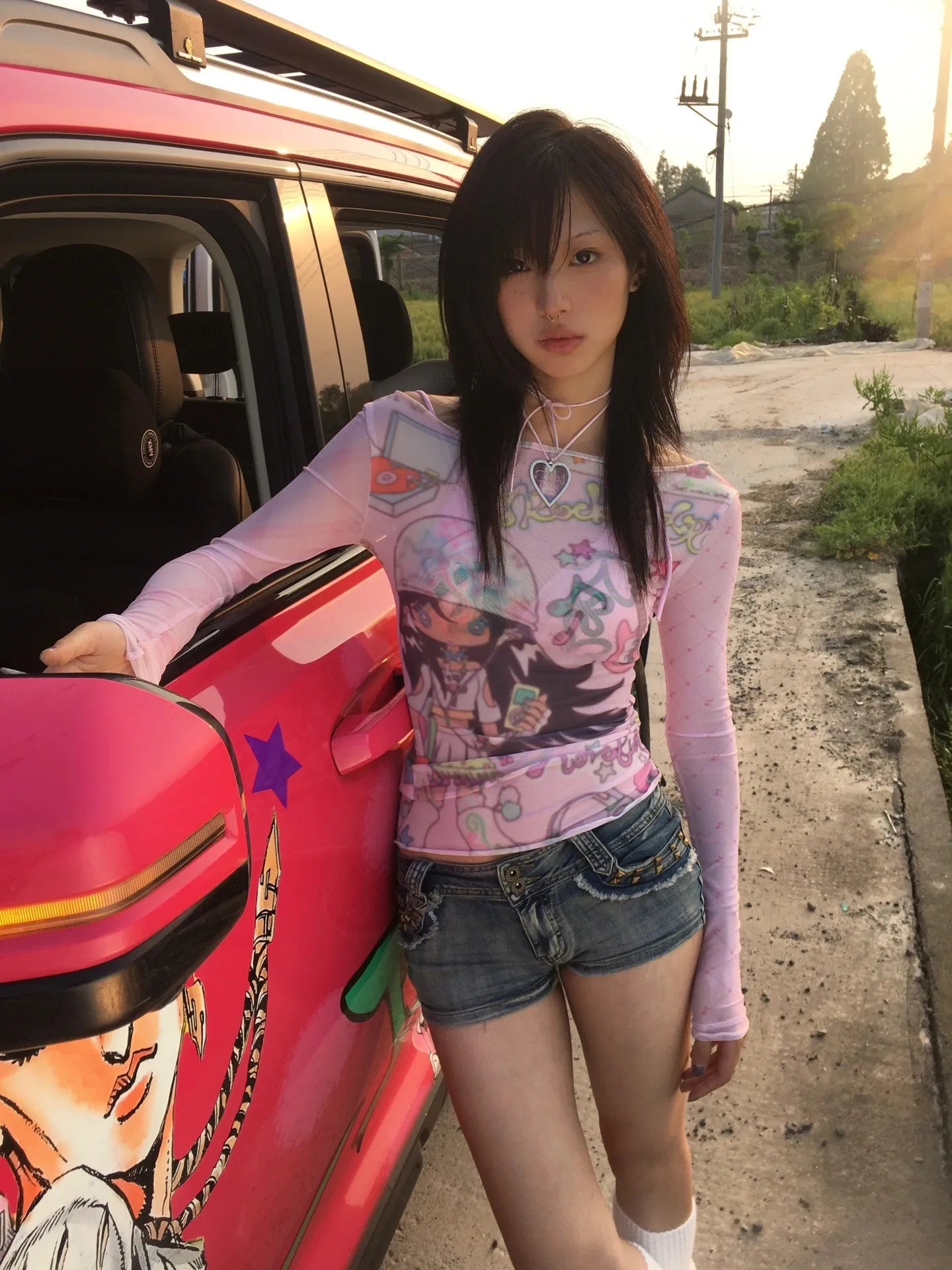 Karrram Japanese Y2k Anime Print Mesh Tops 2000s Aesthetics Pink Sheer Top Vintage Harajuku Kawaii See Through T-shirt Lolita