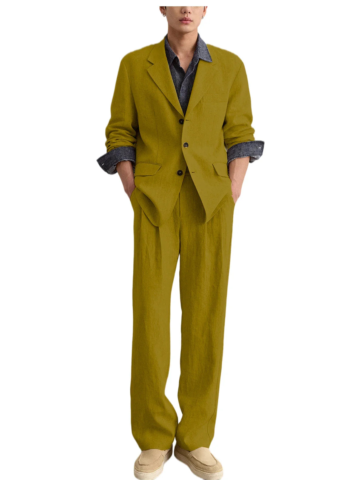Men's Linen 2 Piece Set Notched Lapel Loose Fit Blazer Wide Leg Trousers Lightweight Breathable Spring Business Casual DailyWear