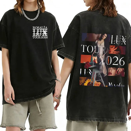 Rosalia Lux Tour Album 2025 Vintage Washed T Shirts Men Women Casual Oversized Cotton T-shirt Fashion Pop Print Clothing Tshirt