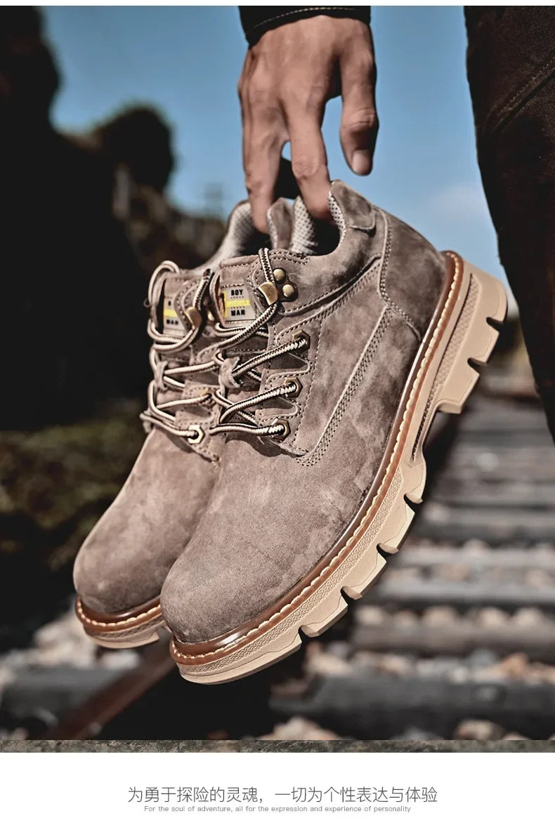 Men Genuine Leather Boots Men's English Style Thick Bottomed Work Clothes Shoes Winter Outdoor Mid Top Men's Boots