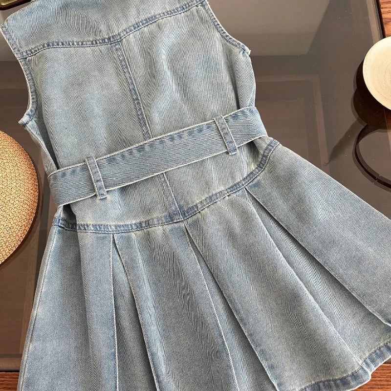 Summer New Girls Denim Dress Belt Decoration Lapel Collar Sleeveless Tutu Princess Dress For 2 -10 Years Kids Fashion Dress