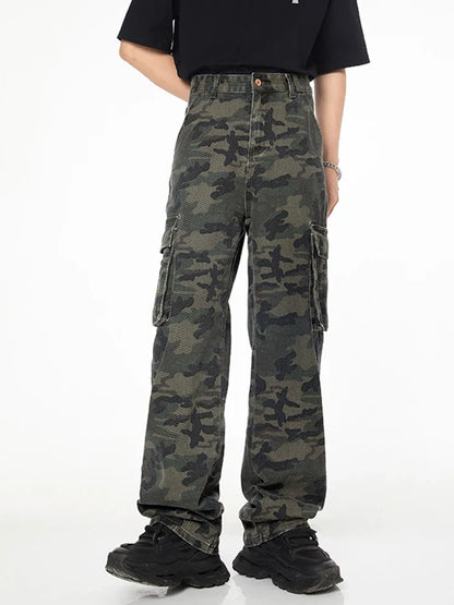 Tall Pants for Slim Thin Skinny Men Y2K Straight Wide Leg Cotton Cargo Pants Camouflage Extra Long Length Trouser Male Vintage