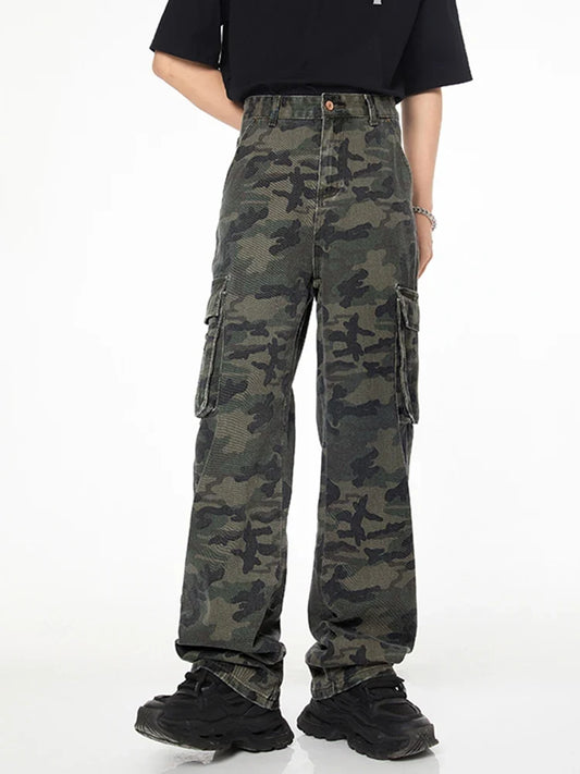 Tall Pants for Slim Thin Skinny Men Y2K Straight Wide Leg Cotton Cargo Pants Camouflage Extra Long Length Trouser Male Vintage