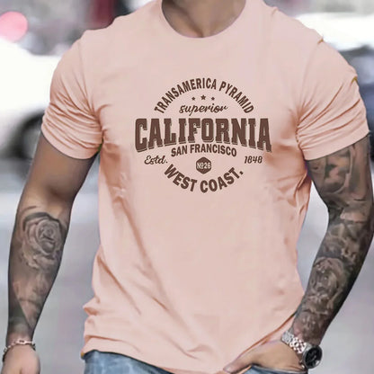 Men's 100% cotton casual sports loose fit California West Coast print round neck short sleeved T-shirt top