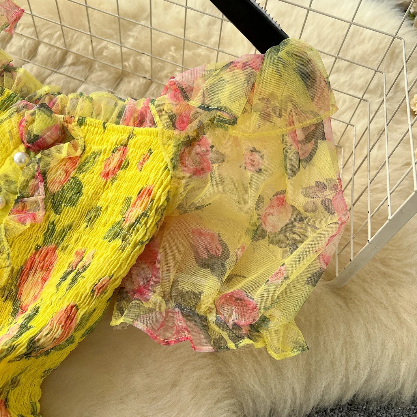 Retro Floral Chiffon Dr Women's Waist Cinched Bubble Sve Me Skirt Tea Break Gentle Soft Sle Korean High Waist A-Lin...