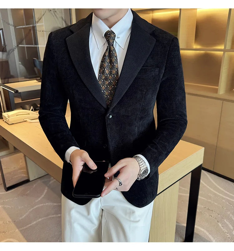 Autumn Winter Fashion Seaweed Pattern Suit Jacket High Quality Luxury Slim Fit Casual Men's Blazers Coats Social Prom Tuxedo