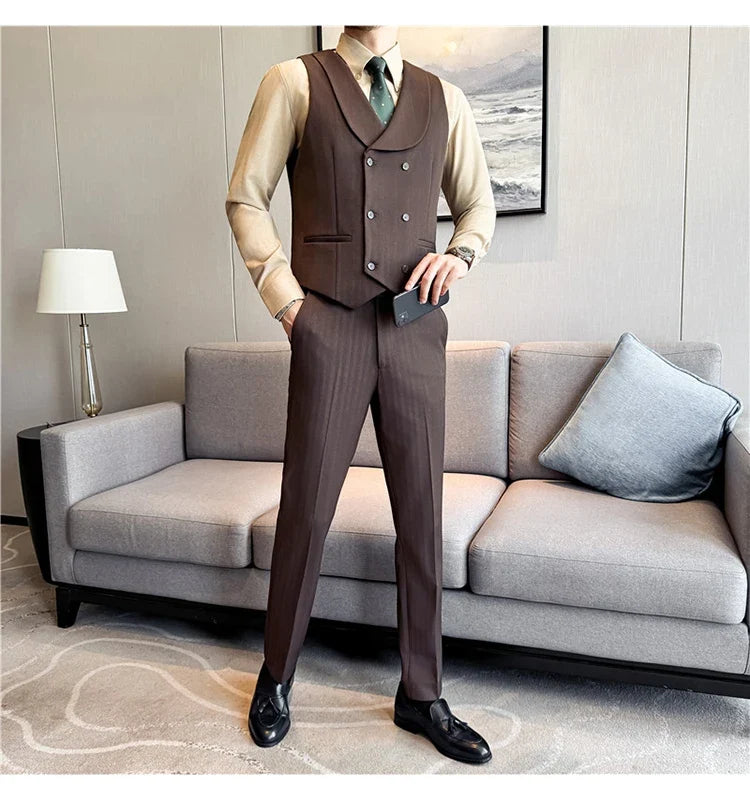 ( Vest+Pants) Autumn Winter Thicken Wool Striped Suit Vest 2 pieces Men Fashion Slim Fit Business Casual Wedding Dress Vest Sets