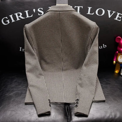 Plus-Size Men's Spring New Korean Style Slim-Fit Trendy Handsome Single-Breasted Houndstooth Suit Jacket
