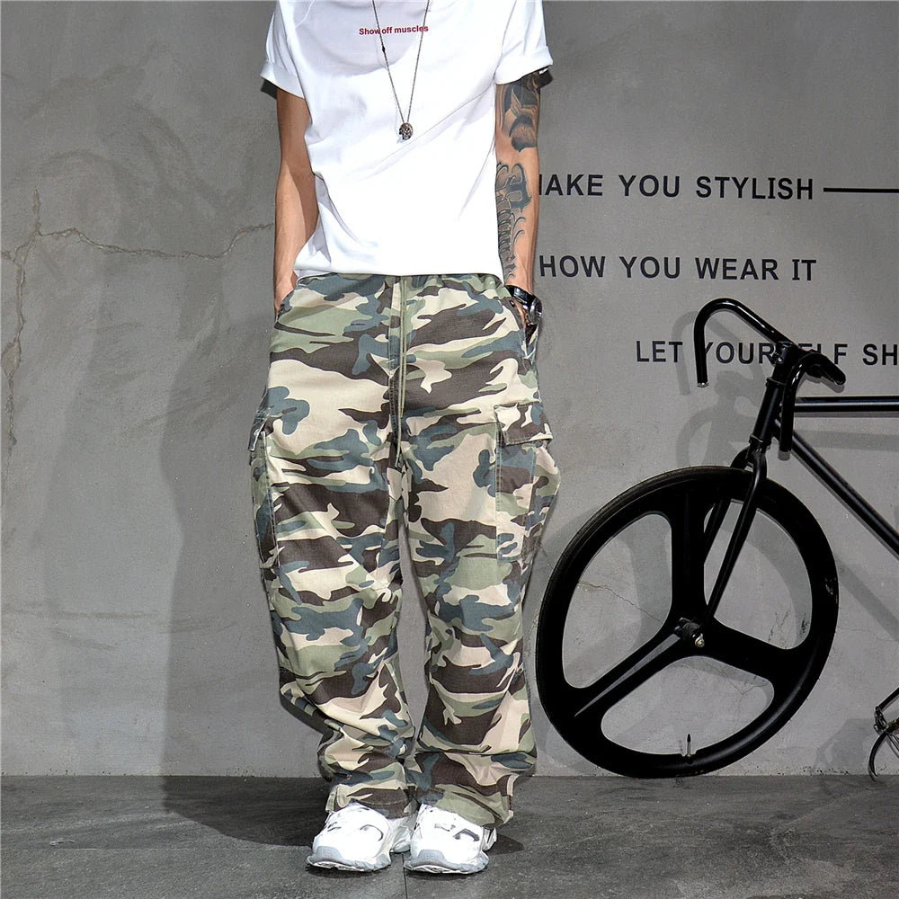 Heavy weight Tactical Cargo Pants For Men Vintage Camo Multi-Pocket Loose Fit Straight Leg Outdoor Streetwear Casual Trousers
