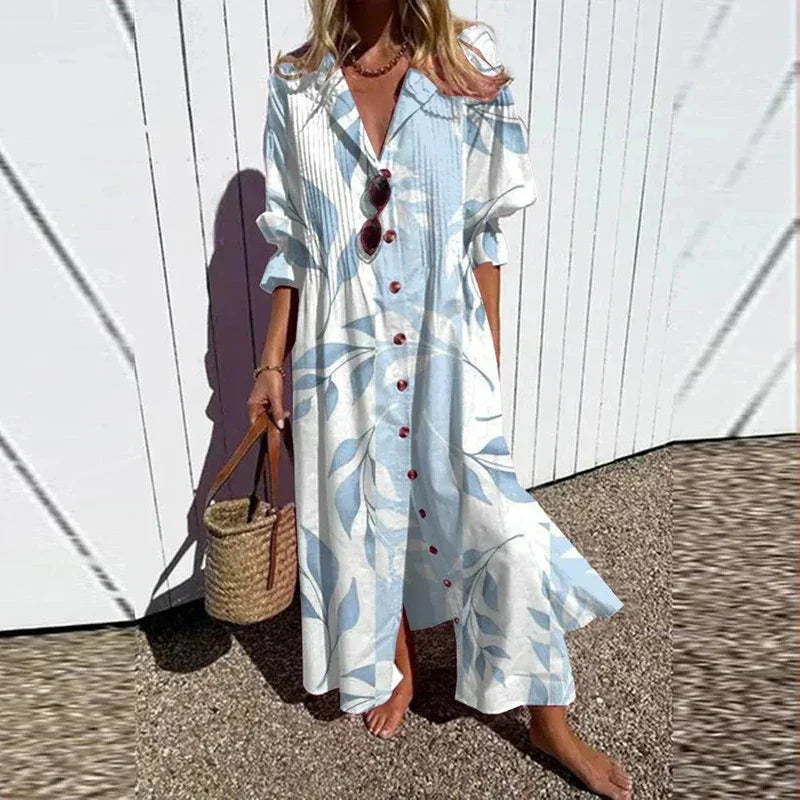 Women's Elegant Plus Size Pleated Short Sleeve V Neck Long Dresses Sweet Style High Waist Printed Dress Female Casual Loose Gown