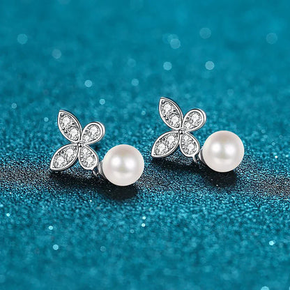 Butterfly Moissanite Diamond Drop Earrings with 8mm Freshwater Pearl 925 Sterling Silver Stud Earring for Women Fine Jewelry
