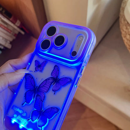 5 Color Change Luminous Call Light Up Flash Romantic Purple Butterfly Phone Cover Case for iPhone 17 16 15 14 13 Pro Max Plus