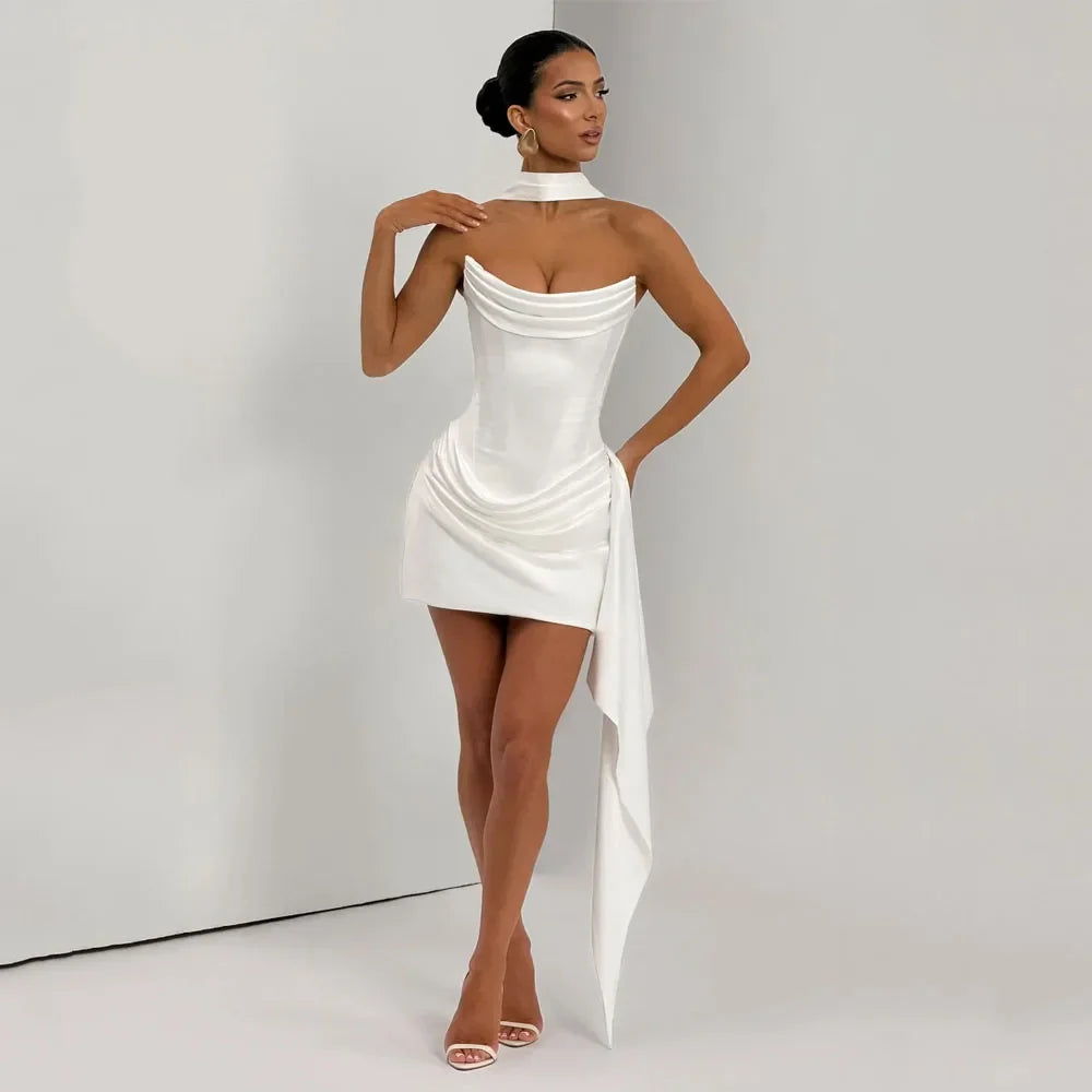 Satin White Mini Wedding Dresses Sleeveless Corset Strapless Pleated Mermaid Short Bridal Gown Customized Vestido De Novia