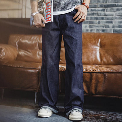 Vintage 15.6oz Selvedge Raw Denim Jeans Heavyweight Blue Loose Fit Wide-Leg Jeans Zip Fly Cotton Trousers for Spring Fall