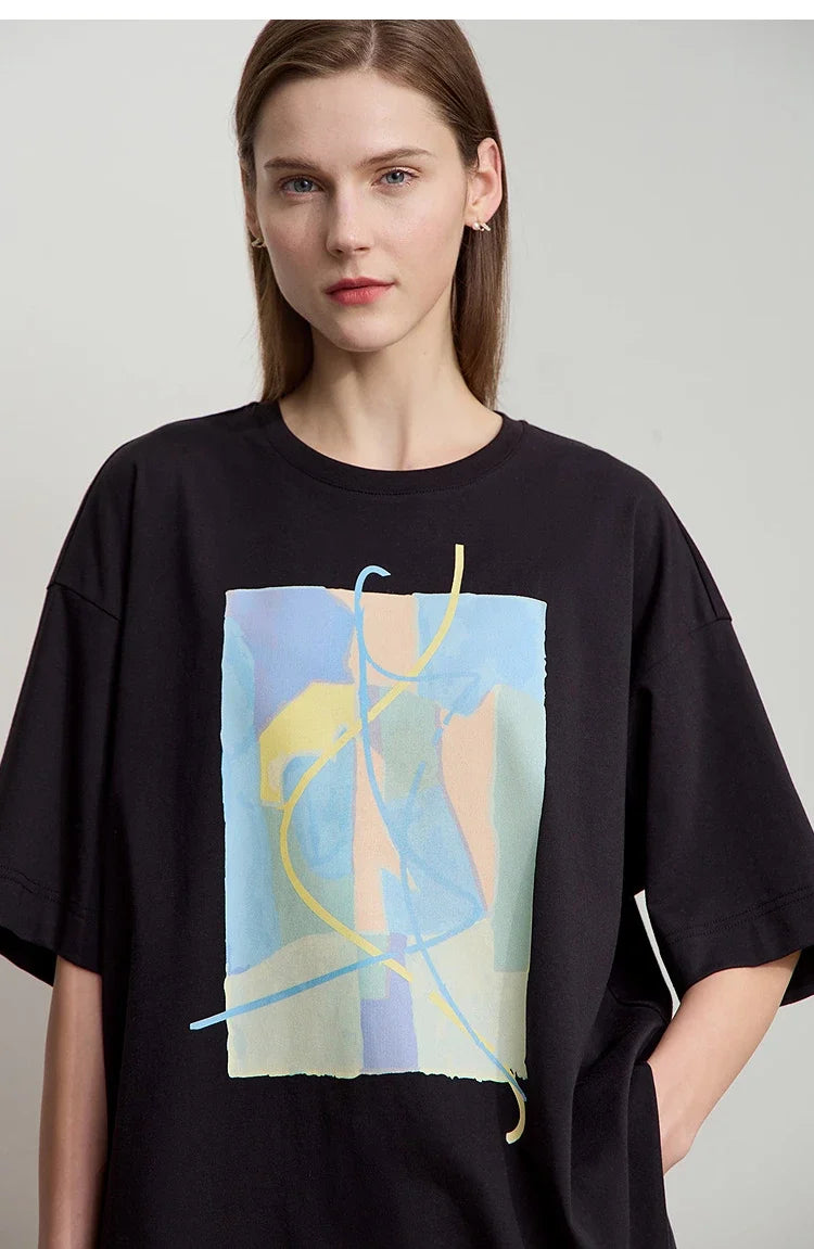 Minimalist Summer T-shirt Women Irregular Design Tops Casual O-neck Abstract Print Loose Dropped Shoulder T-shirt 12522081