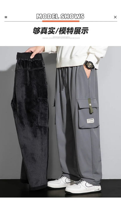 2026 Cargo Pants Men Straight Fit Wide Leg Fleece Lined Trouser Male Winter Fashion Loose Baggy Large Plus Size Warm Streetwear