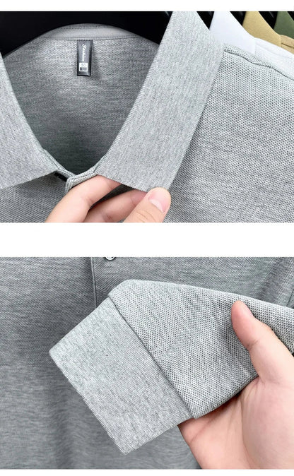 100%pure cotton autumn winter men's high-end designer fashionable long sleeved boutique button casual comfortable polo shirt top