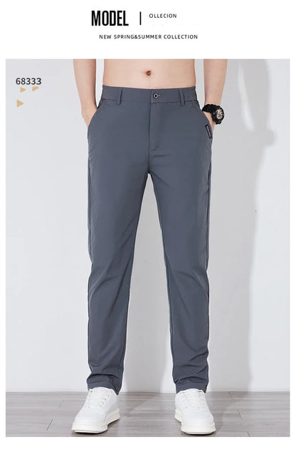 Summer Silk Stretch Smooth Trousers Men Business Elastic Waist Korean Classic Thin Cool Black Gray Casual Suit Pants Male Brand