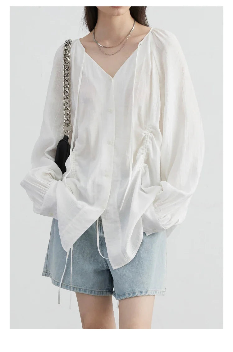 Women Loose Lace Up Shirt Solid New Korean V-neck Pleated Raglan Long Sleeved Blouses Female Tops Spring Summer 2026
