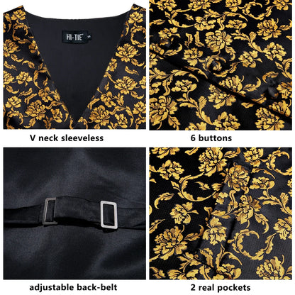High Quality Silk Mens Vests Champagne Paisley Waistcoat Neck Tie Hanky Cufflinks Brooch Set for Men Suit Wedding Office