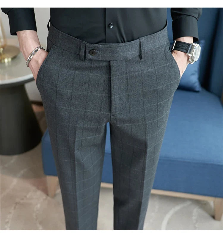 2026 Classic Men's Slim Fit Plaid Striped Casual Pants Fashion Business Slim Fit Suit Pants Formal Groom Wedding Dress Trousers
