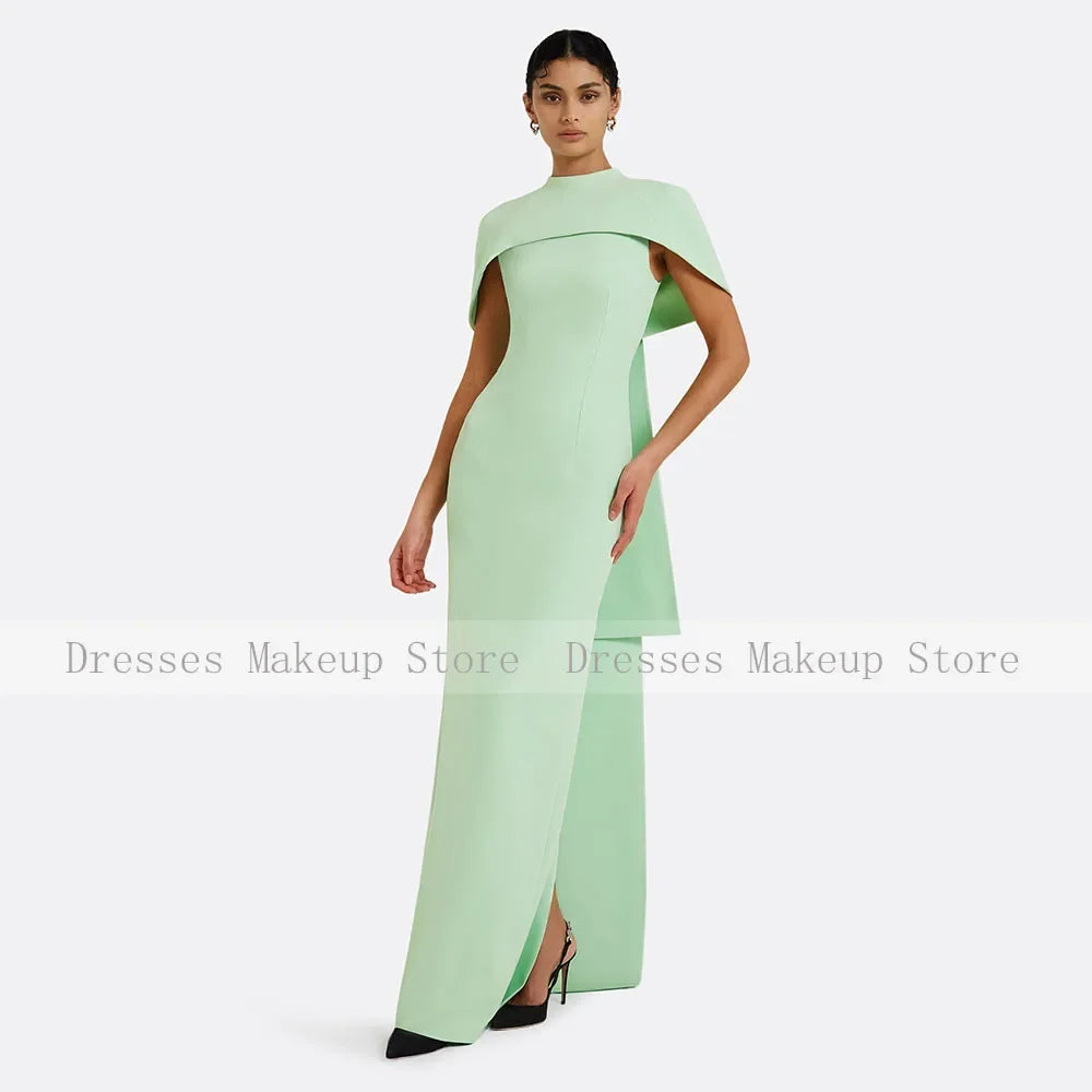 Customized Evening Dress Beige Cape O Neck Floor Length Column Evening Gowns for Women Draped Back Split Black Formal Party Gown