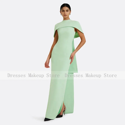 Customized Evening Dress Beige Cape O Neck Floor Length Column Evening Gowns for Women Draped Back Split Black Formal Party Gown