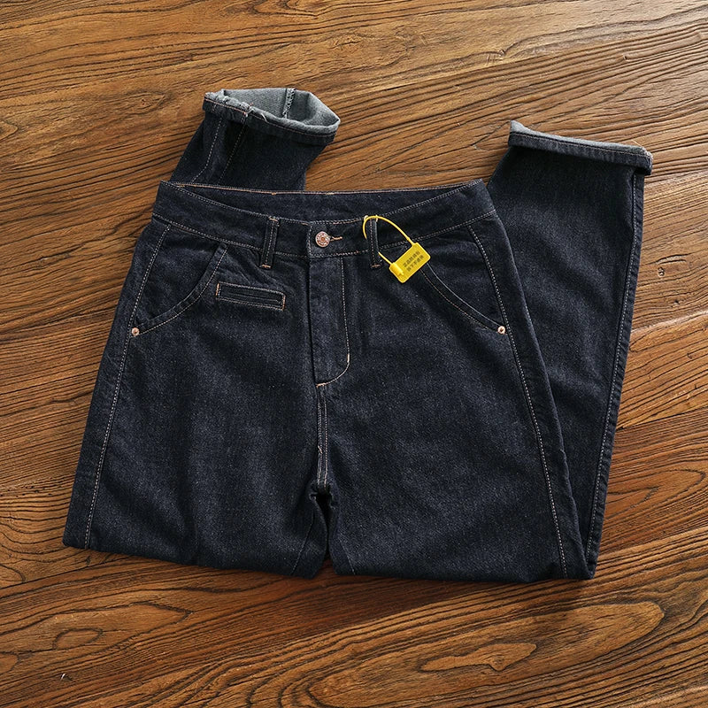 Color fixing process plain wash denim pants men's straight cone four seasons can wear casual pants tide
