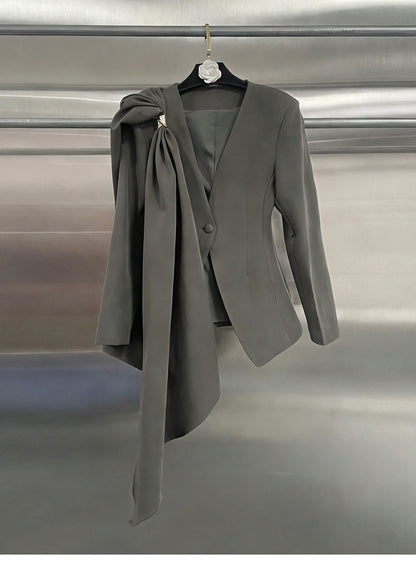 Elegant Waist-Tie Blazer Jacket Women Bowknot Office Suit Top Chic Designer Small Brand Fashion Outerwear