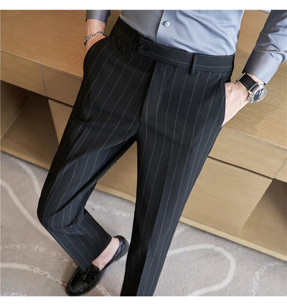 Autumn New Fashion Stripe Men's Suit Pants High Quality Straight Long Classic Business Elegant Slim Fit Casual Trousers 38-29