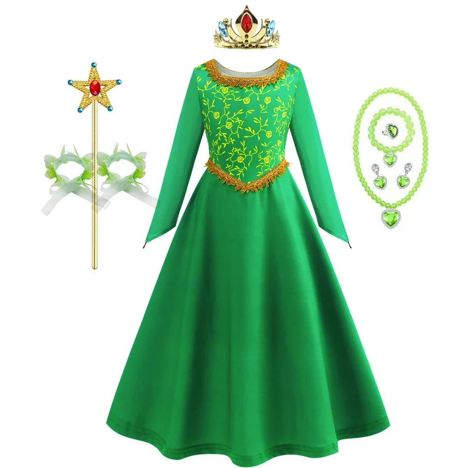 Fiona Dress Halloween Shrek Cosplay Fantasy Dress Up Green Princess Costume Children Elegant Gown Kids Long Sleeve Print Frocks