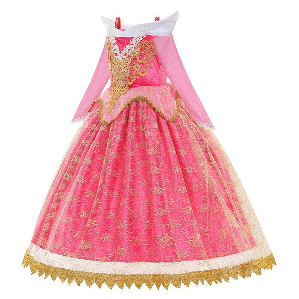 2026 Disney Sleeping Beauty Aurora Princess Dress Girl Cosplay Off Shoulder Kids Gifts Fancy Party Girl Baby Fine Lace Dress Set