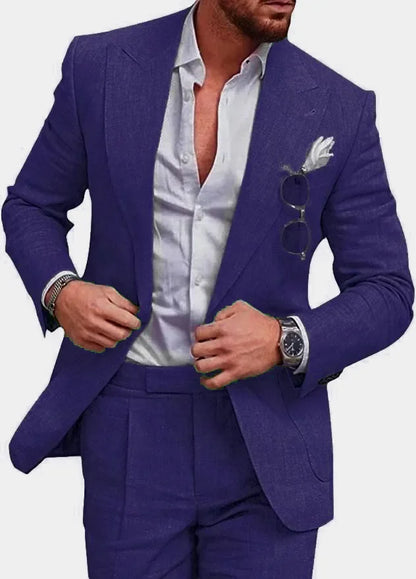 Linen Causal Men Suits for Beach Party Solid Color Business Two Pieces Wedding Tuxedo Set Peak Lapel Suit Jacket with Pants