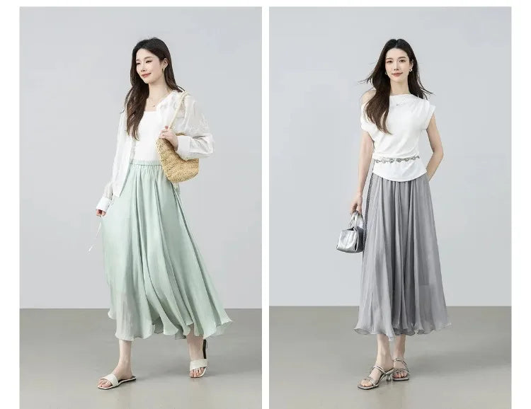 Women's Gray Elegant Skirt 2026 Summer Elastic Waist Sheen Flowy A Line Long Skirt for Woman Ladies Clothes 162QG4909