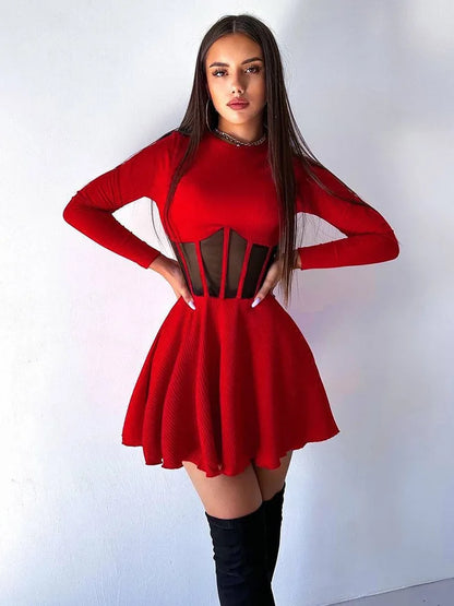 Fashion Solid Women's Mini Dresses A-Line Knitted Sheer Slim Fit Long Sleeves Bodycon O-Neck Party Streetwear Vestidos