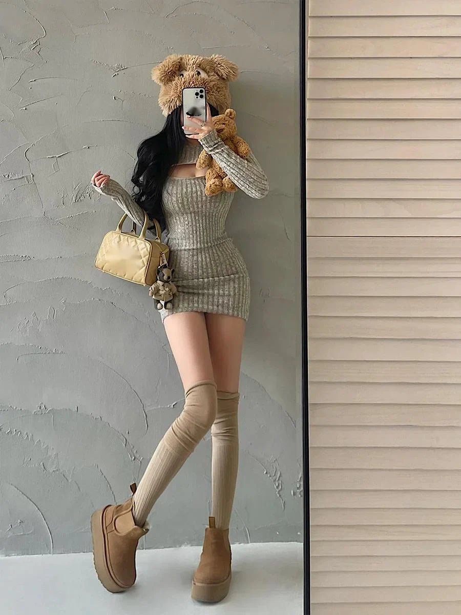 Sexy Hollow Zipper Tight Long Sleeved Sweater Knitted Dress Elegant Short Dress Fashion Sweet Kroean Women Top 1S4E